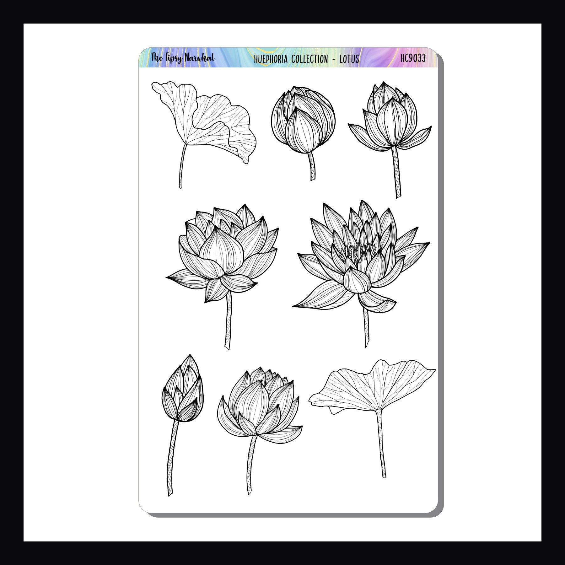 Lotus Huephoria Stickers is a 4.5 x 5 inch sticker sheet designed to be colored in with your favorite pencils, markers, or crayons.  The sheet features 8 beautiful lotus flower stickers.