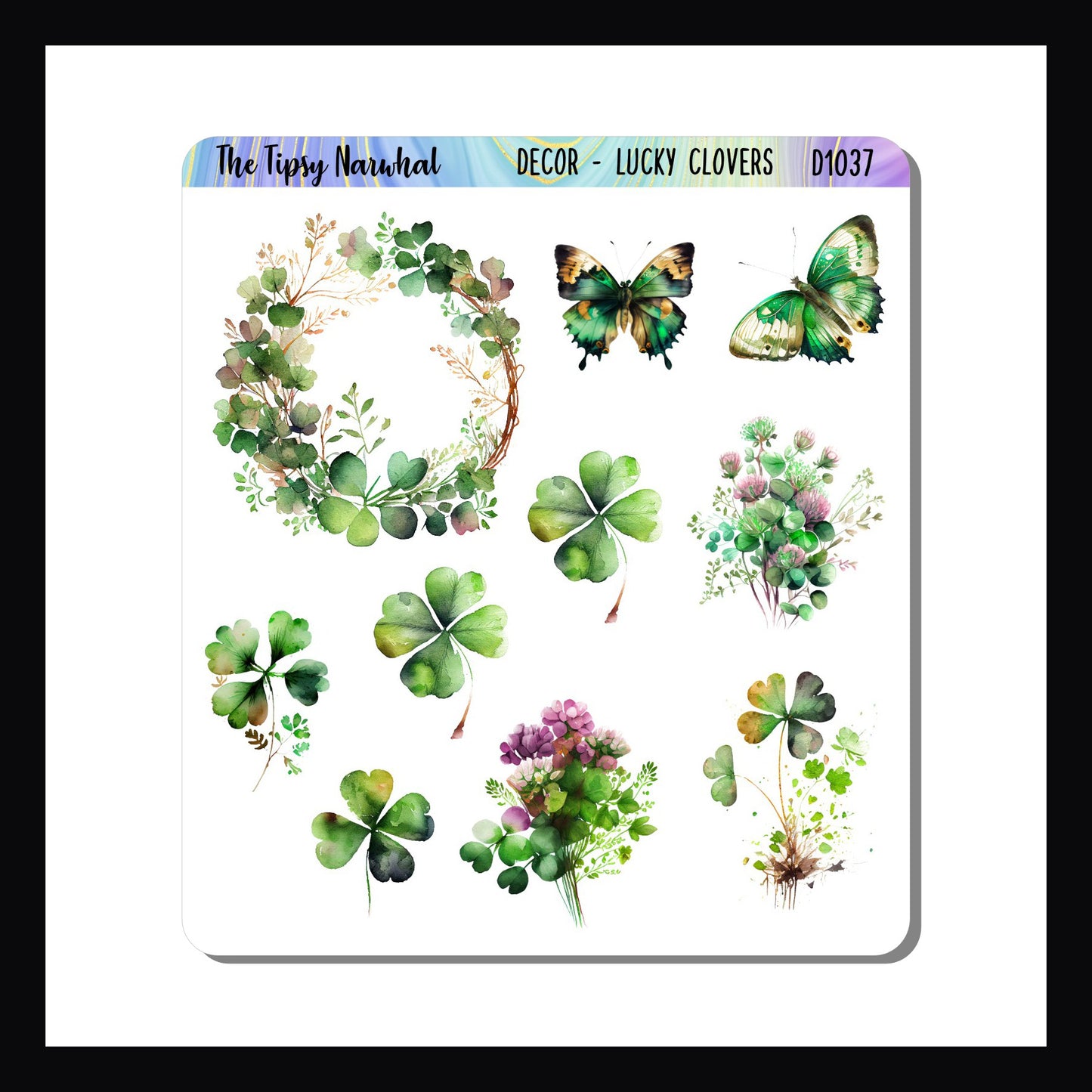 Lucky Clover Decor Sheet features 10 clover themed stickers, various 4 leaf clovers, a clover wreath, blooming clover and two green butterflies.