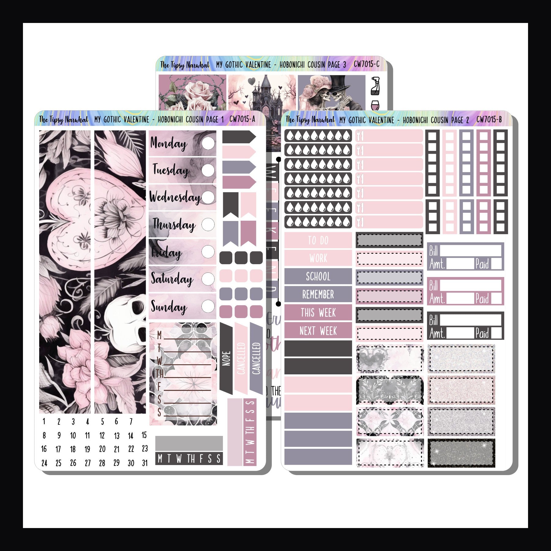 My Gothic Valentine Hobonichi Cousin Kit is a 3 page sticker kit designed to fit the Hobonichi Cousin and other similarly sized planners. It features a Valentine's Day theme with a gothic aesthetic.