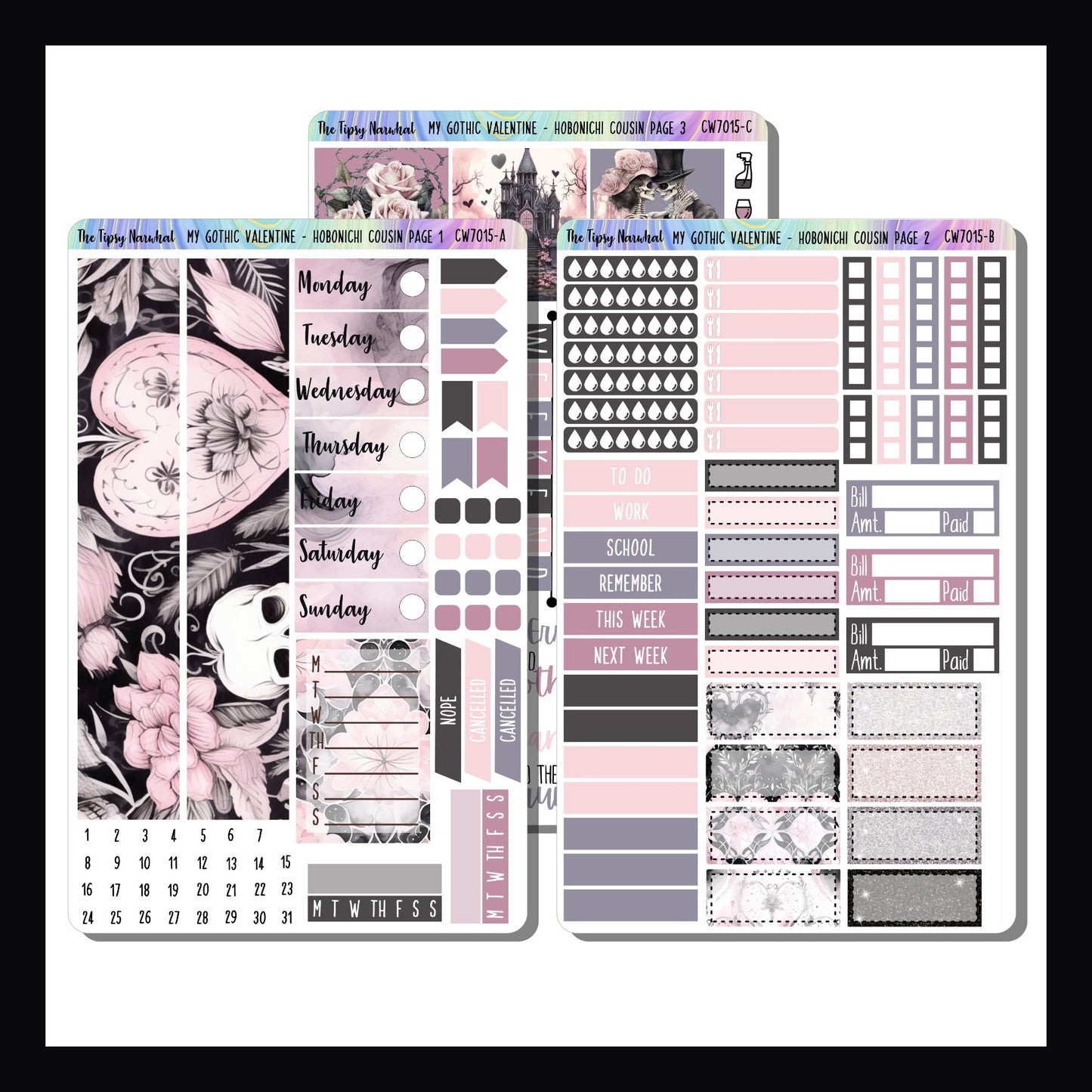 My Gothic Valentine Hobonichi Cousin Kit is a 3 page sticker kit designed to fit the Hobonichi Cousin and other similarly sized planners. It features a Valentine's Day theme with a gothic aesthetic. 
