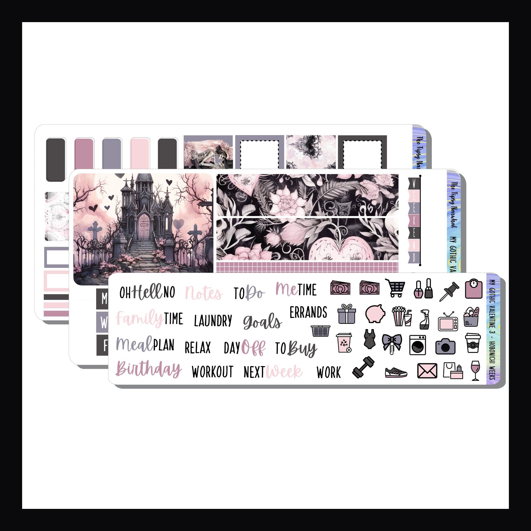 My Gothic Valentine Hobonichi Weeks Kit is a 3 page sticker kit designed to fit the Hobonichi Weeks and planners of similar size.  It features a Valentine's Day theme done in a gothic aesthetic.