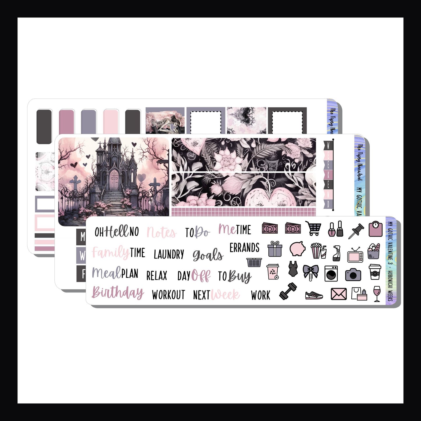 My Gothic Valentine Hobonichi Weeks Kit is a 3 page sticker kit designed to fit the Hobonichi Weeks and planners of similar size.  It features a Valentine's Day theme done in a gothic aesthetic. 