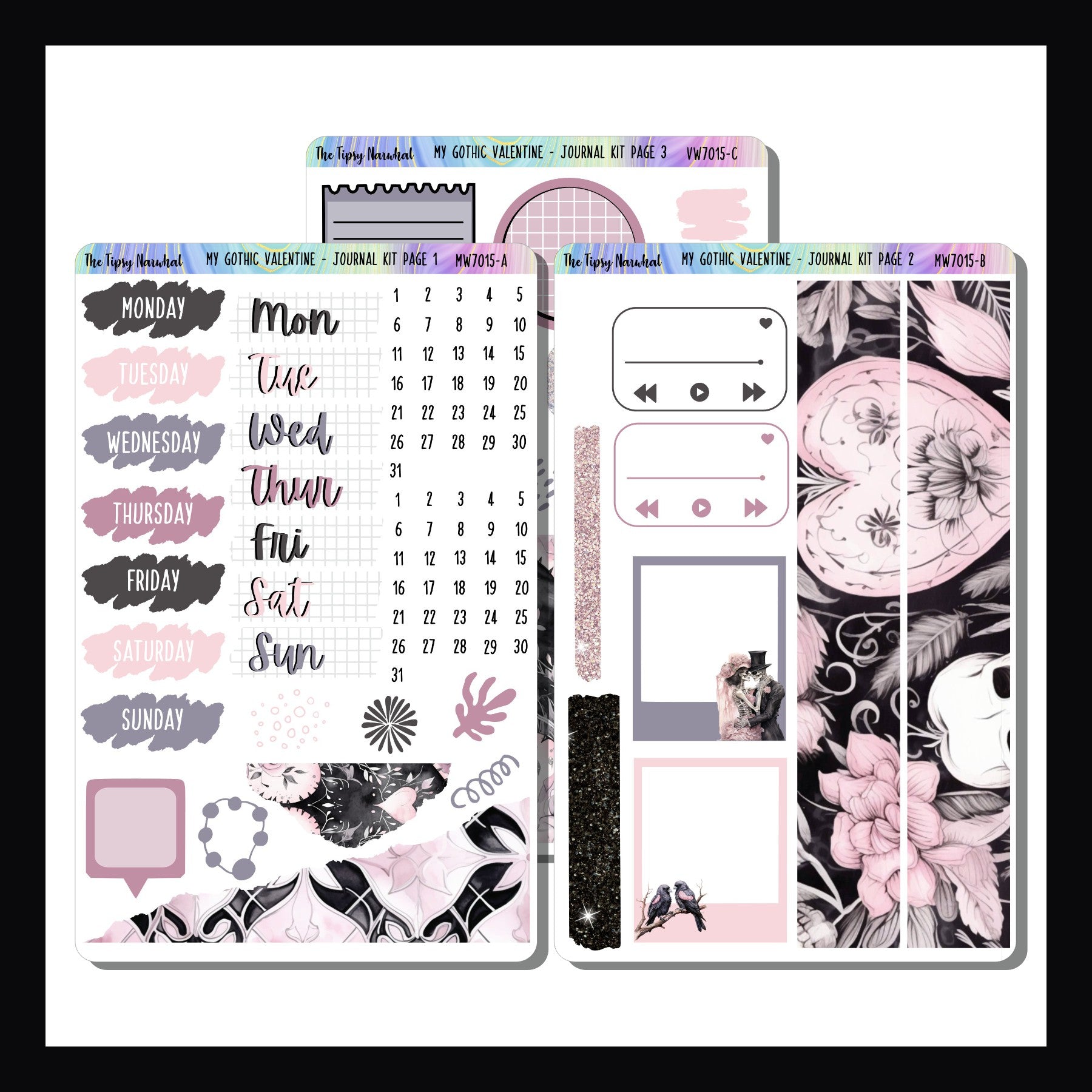 My Gothic Romance Journal Kit is a 3 page sticker kit designed to work in any freestyle planner or journal.  It features a Valentines Day theme and is done in a gothic aesthetic.