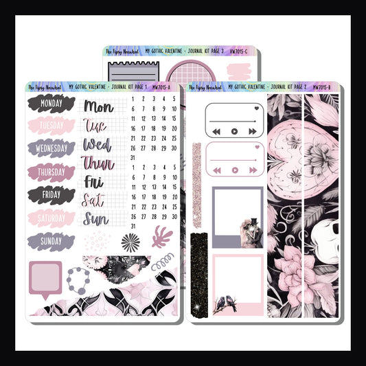 My Gothic Romance Journal Kit is a 3 page sticker kit designed to work in any freestyle planner or journal.  It features a Valentines Day theme and is done in a gothic aesthetic. 