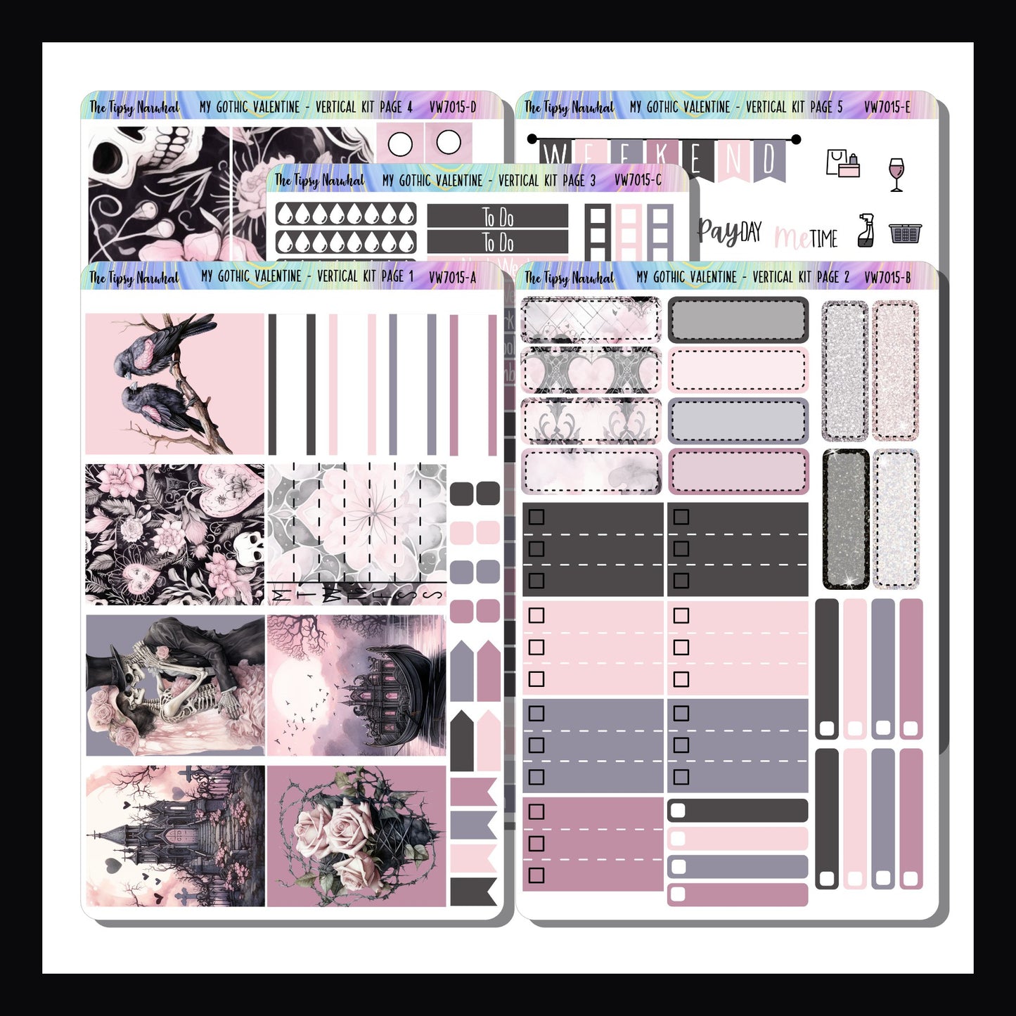 My Gothic Valentine Vertical Weekly Kit is a 5 page sticker kit designed to fit vertical 7x9 planners.  It features a Valentine's Day theme done in a dark gothic aesthetic.  Features a color palette of pinks, gray and black. 