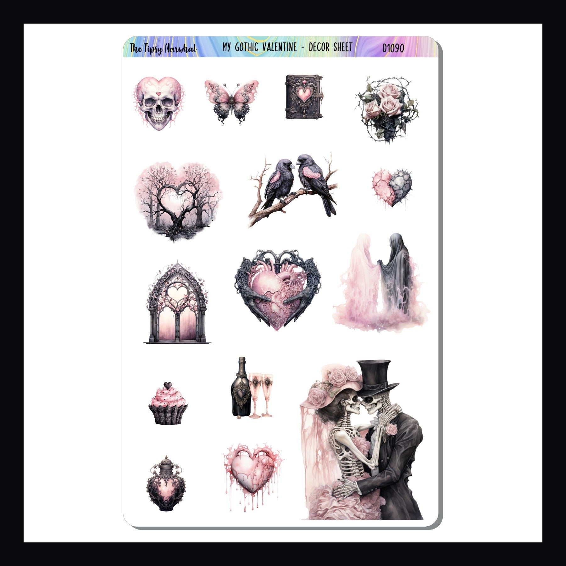 My Gothic Valentine Decor Sheet is a 4.5x7 inch sticker sheet filled with various sized stickers.  Each sticker features a unique gothic style design relating to Valentine's Day. 15 stickers total. 