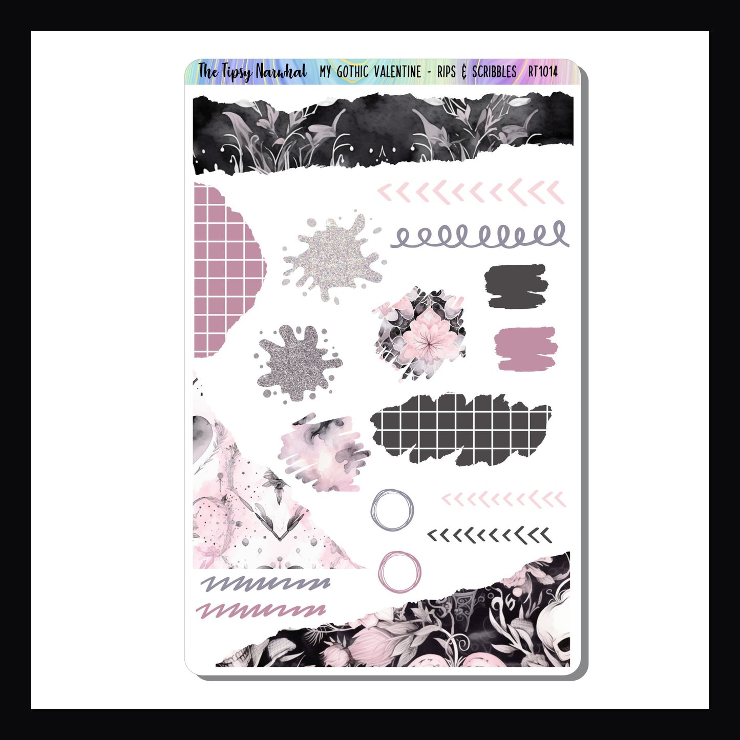 My Gothic Valentine Rips & Scribbles Sheet is a 4.5x7 inch sticker sheet.  Stickers coordinate perfectly with the My Gothic Valentine kits and feature a ripped, splattered or scribbled appearance. 