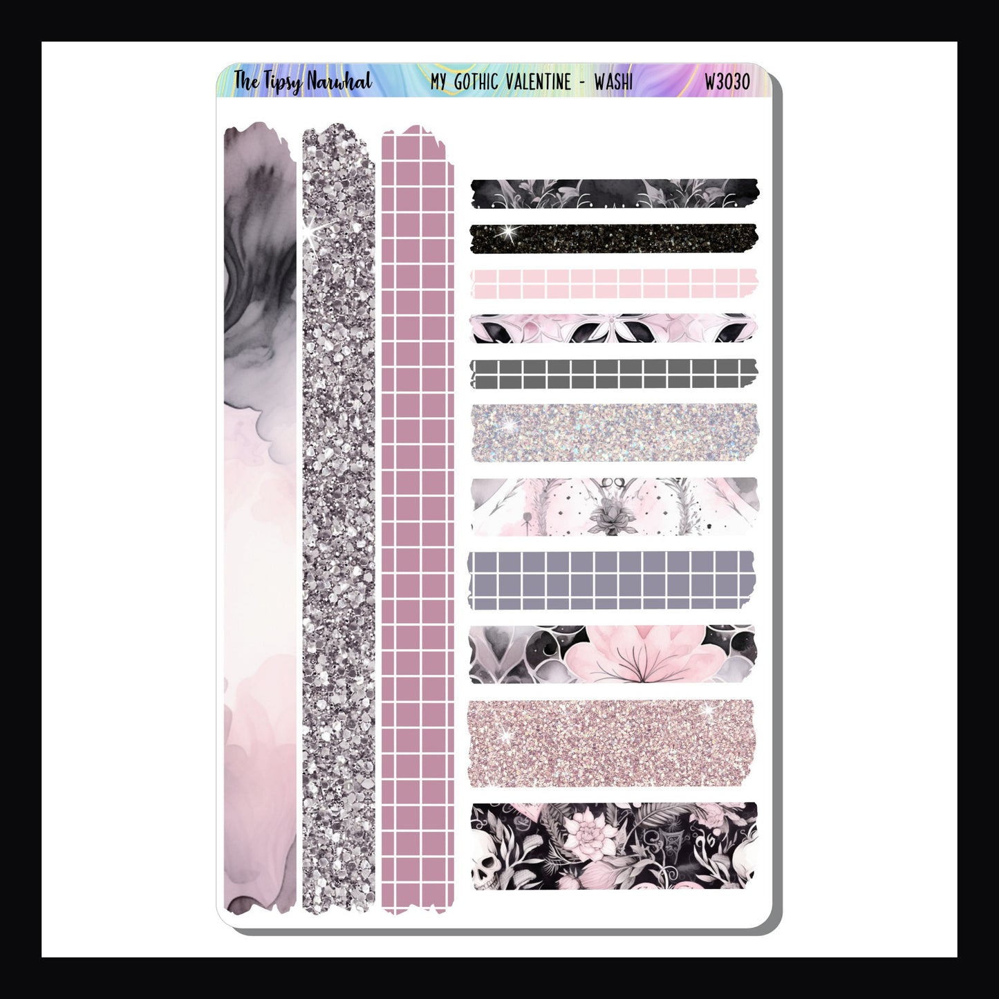 My Gothic Valentine Washi Sheet is a 4.5x 7 inch sticker sheet featuring 14 strips of variously sized washi.   Each strip features a unique design and coordinates flawlessly with the My Gothic Valentine sticker kits. 