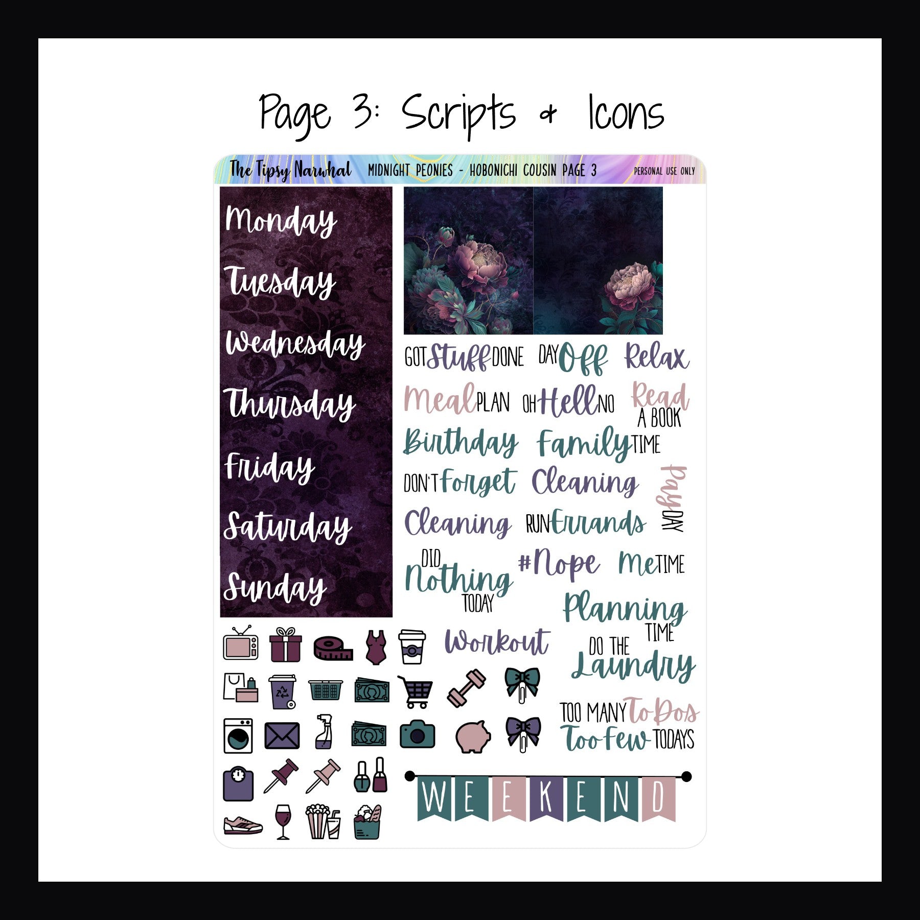 Digital Midnight Peonies Hobonichi Cousin Kit page 3 features additional date covers, full box stickers, script stickers, daily icons and a weekend banner.