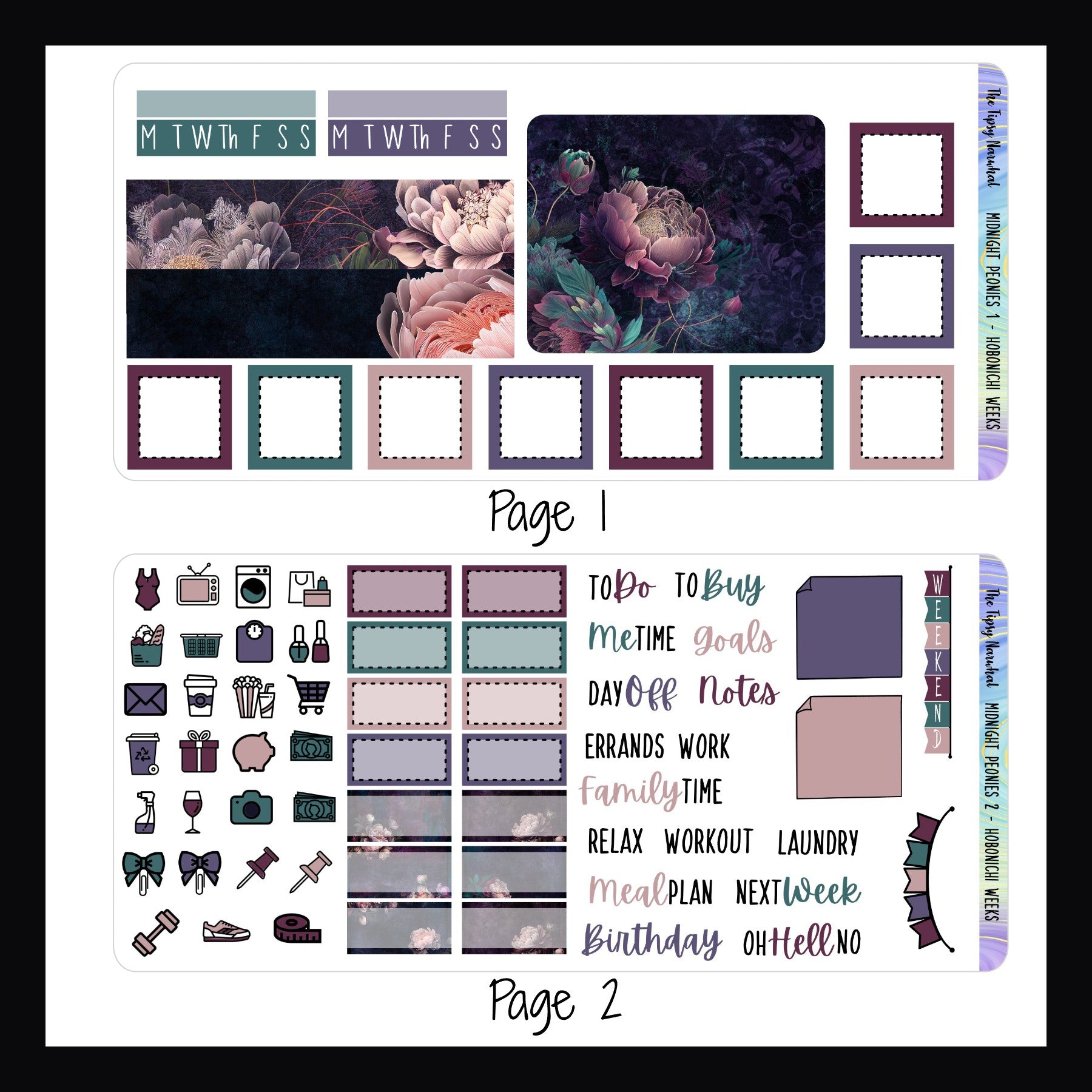 Digital Midnight Peonies Hobonichi Weeks pages 1 and 2.  Page 1 features large washi a full box decor sticker and square daily stickers. Page 2 features weekend banner, sticker note style stickers, daily icons, scripts and appointment stickers.