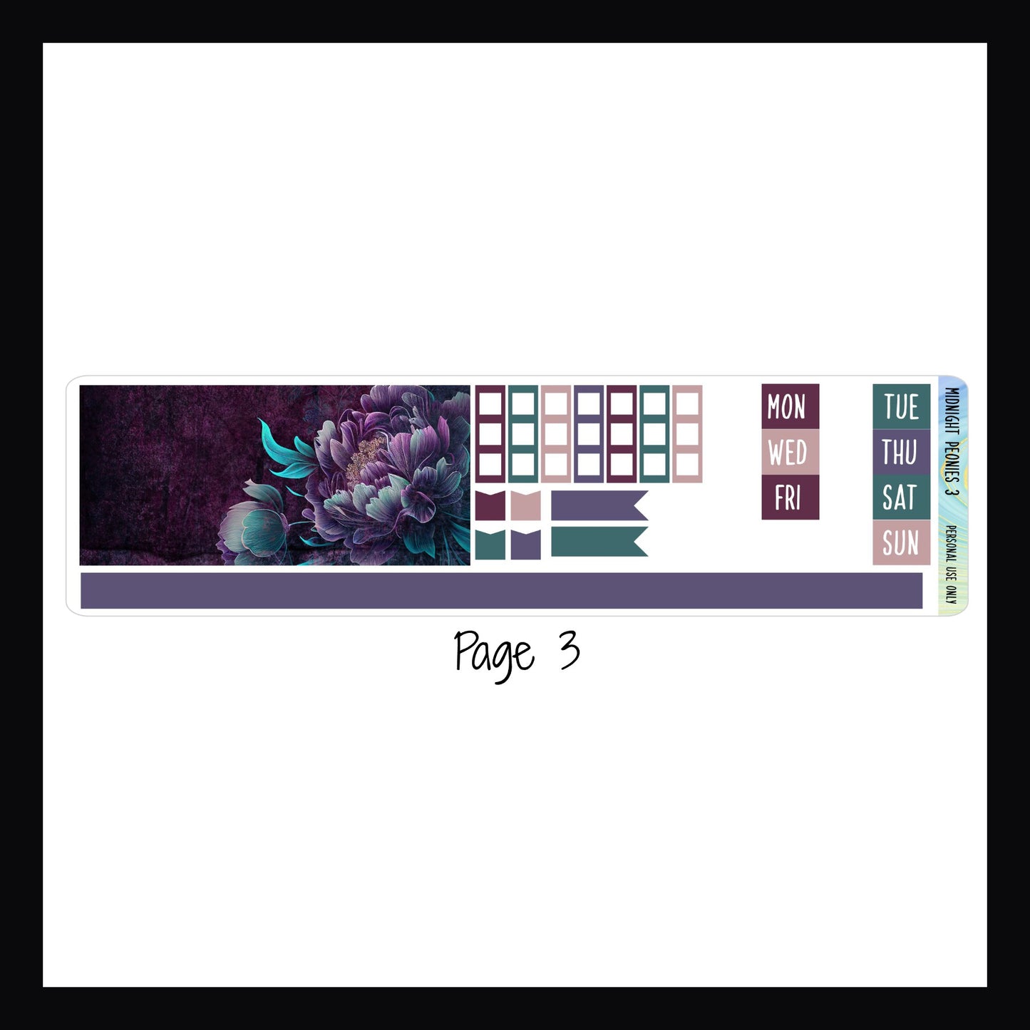 Digital Midnight Peonies Hobonichi Weeks Kit page 2 features additional washi strips, date covers and checklist stickers. 
