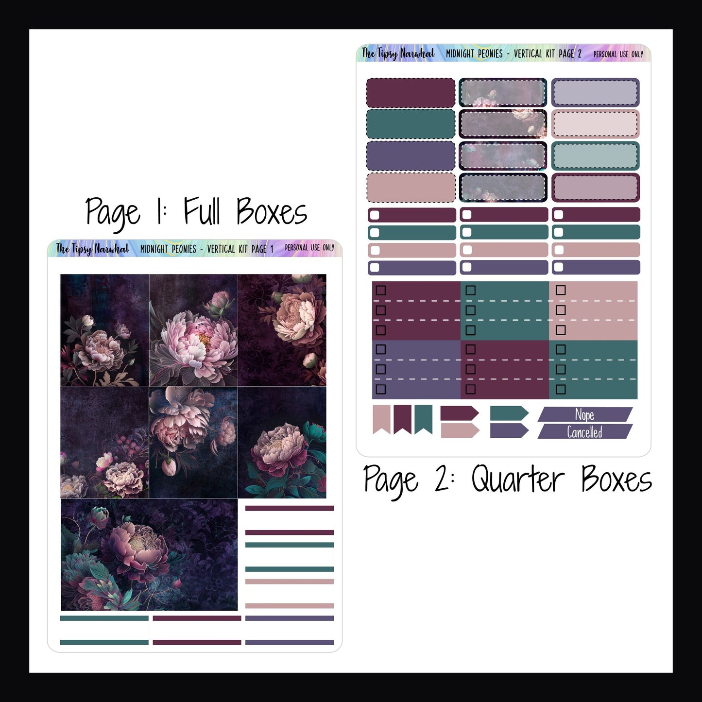 Digital Midnight Peonies Vertical Kit pages 1 and 2.  Page 1 features full sized decor  boxes and a handful of quarter boxes.  Page 2 features quarter boxes, skinny check boxes, cancellation stickers, flags, and top 3 priority check boxes. 