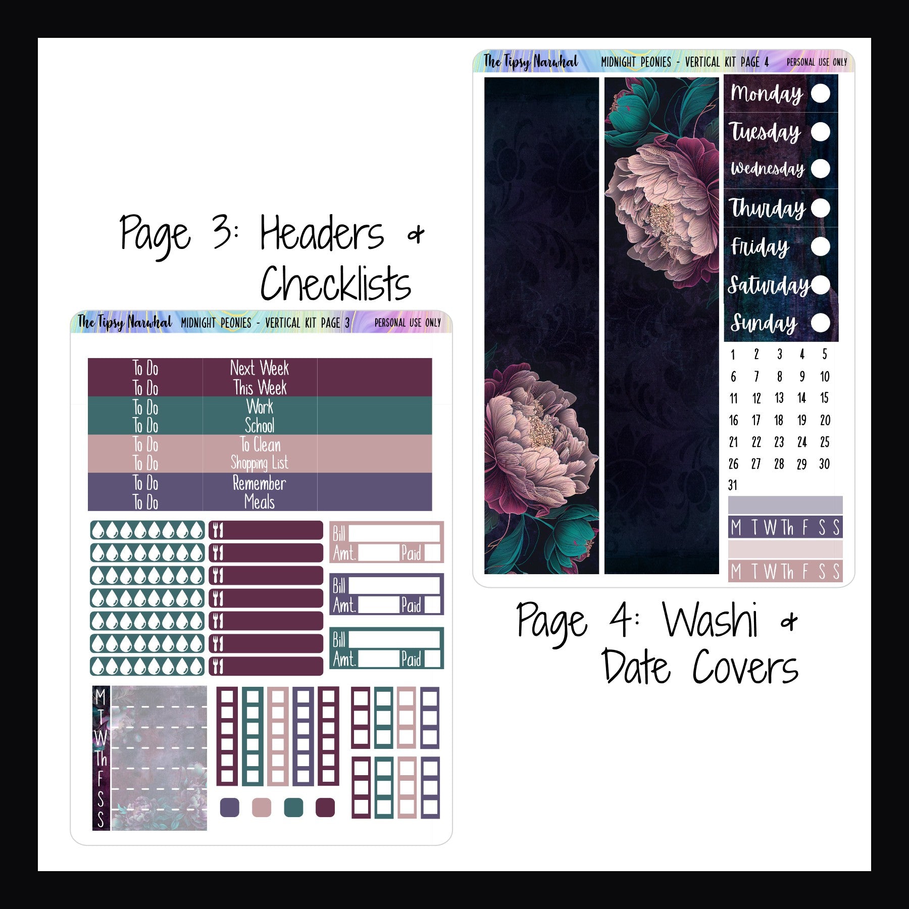 Digital Midnight Peonies Vertical Kit pages 3 and 4.  Page 3 features header stickers, water tracking, meal tracking, bill tracking, checklist stickers and a full week sticker.  Page 4 features full size washi strips, date covers and habit tracking stickers. 