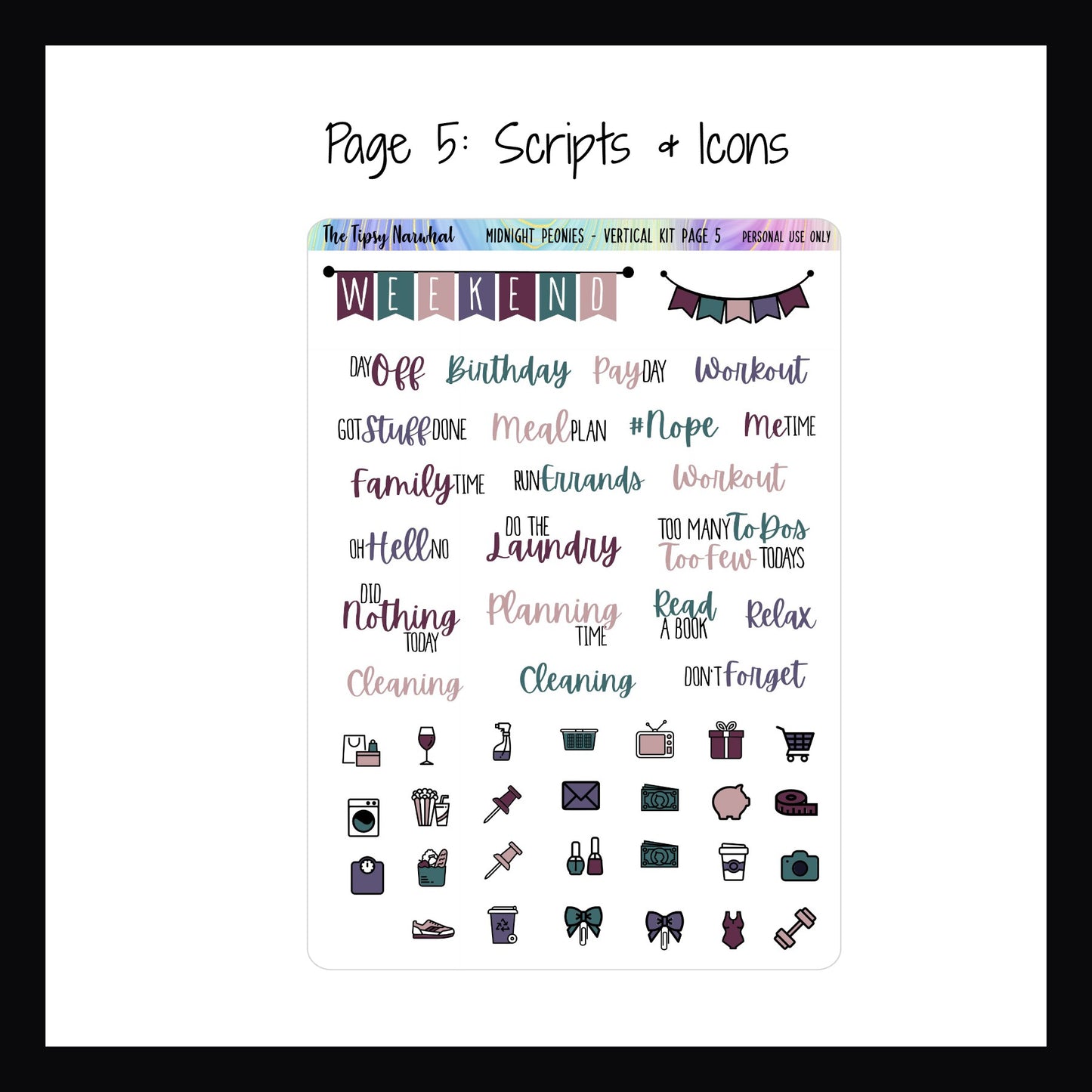 Digital Midnight Peonies Vertical Kit page 5 features a weekend banner, script stickers and daily icon stickers. 