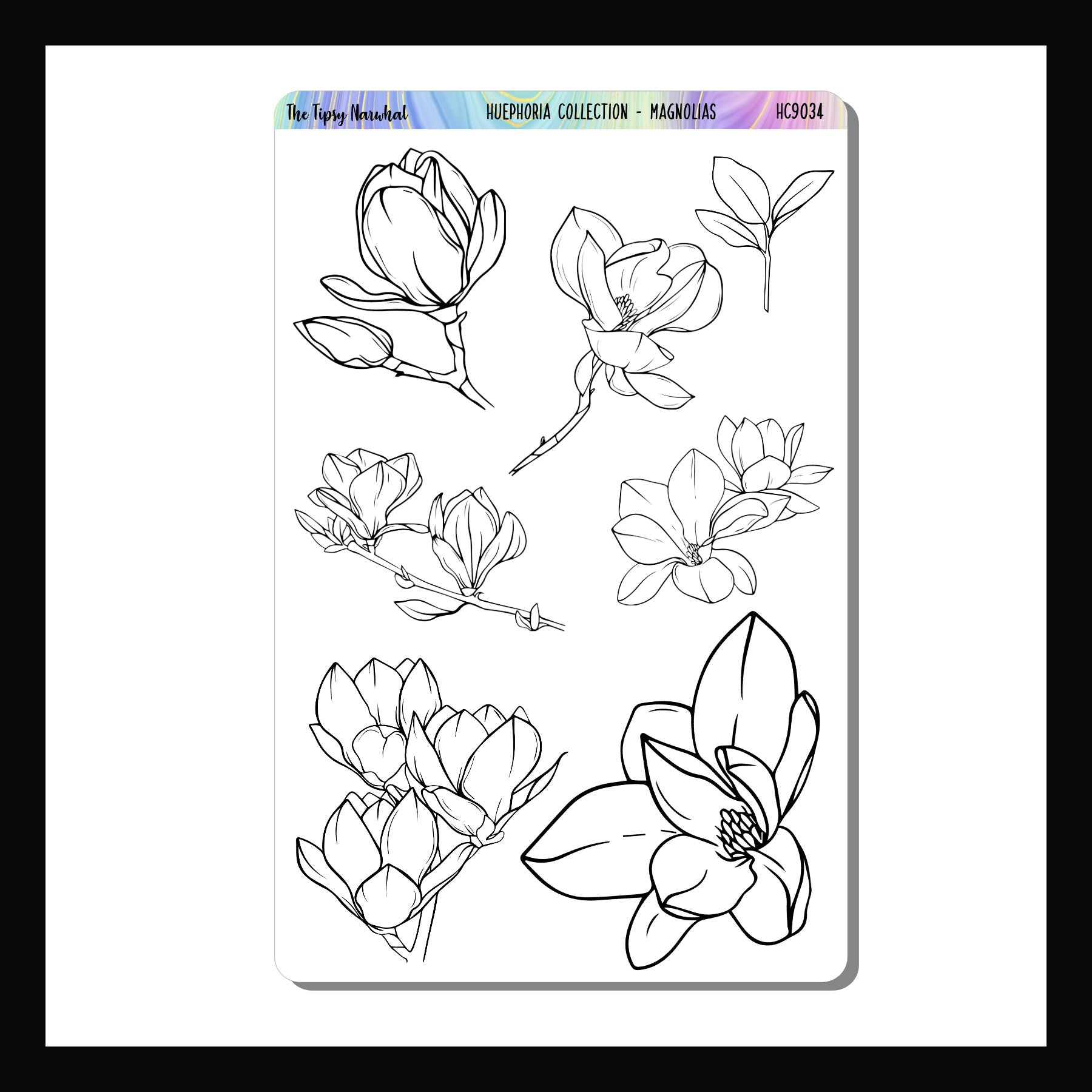 Magnolias coloring stickers is a 4.5 x 7 inch sticker sheet.  It features 7 large magnolia stickers designed to be colored in with your favorite pens, pencils or markers. 