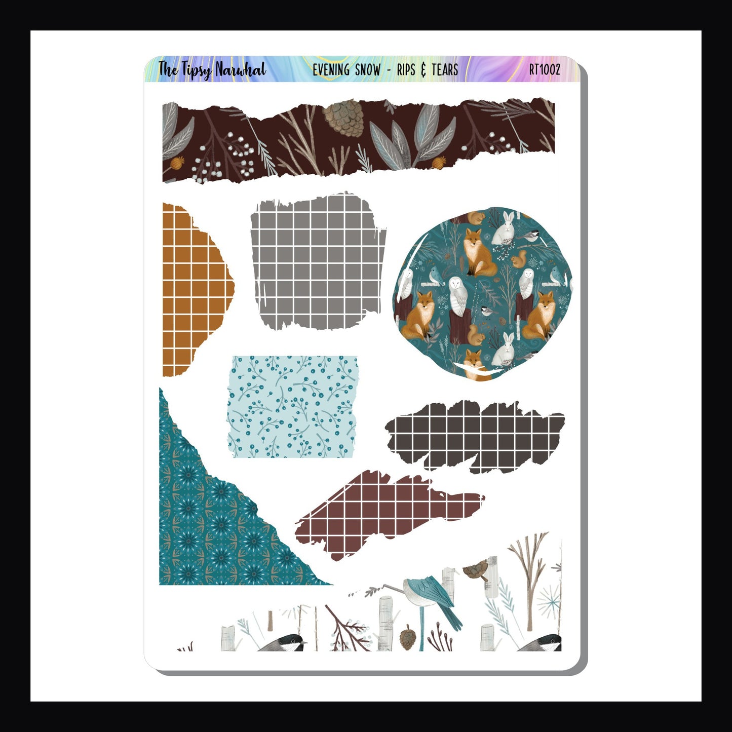 Evening Snow Rips and Tears sheet.  Featuring multiple stickers in various shapes and sizes.  Each sticker coordinates with the Evening Snow kits and features a silhouette do give it a torn paper appearance.