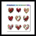 Heart Shaped Floral Bouquet Decor Sheet.  Set of 9  stickers featuring heart shaped rose bouquets. Pink and Red rose bouquets, perfect for planners and journals.