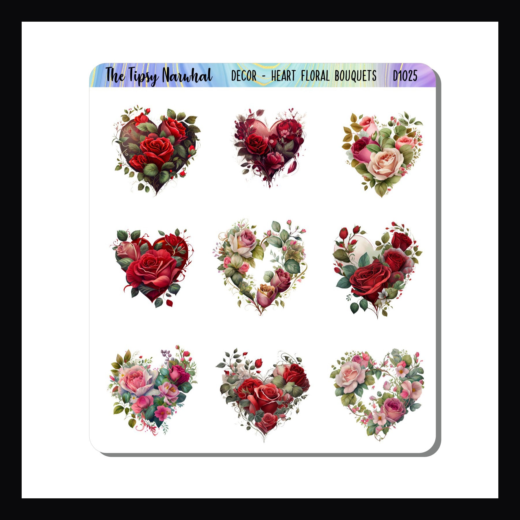 Heart Shaped Floral Bouquet Decor Sheet.  Set of 9  stickers featuring heart shaped rose bouquets. Pink and Red rose bouquets, perfect for planners and journals.