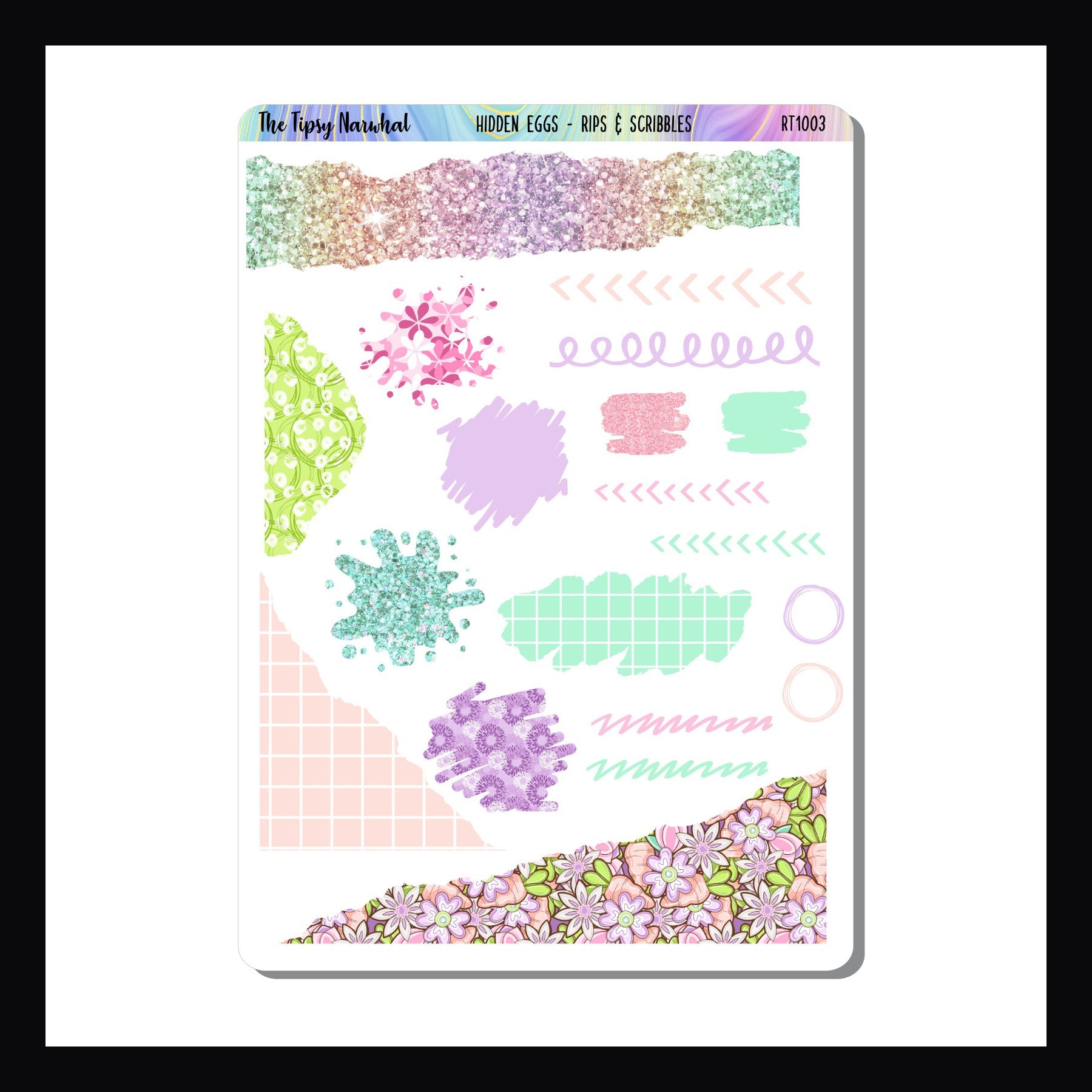 Hidden Eggs Journal Kit - Rips & Scribbles add-on sheet.  The Rips & Scribbles sheet focuses on abstract scribble stickers and stickers featuring a torn paper look.  All designs and colors coordinate with the Hidden Eggs kits. 