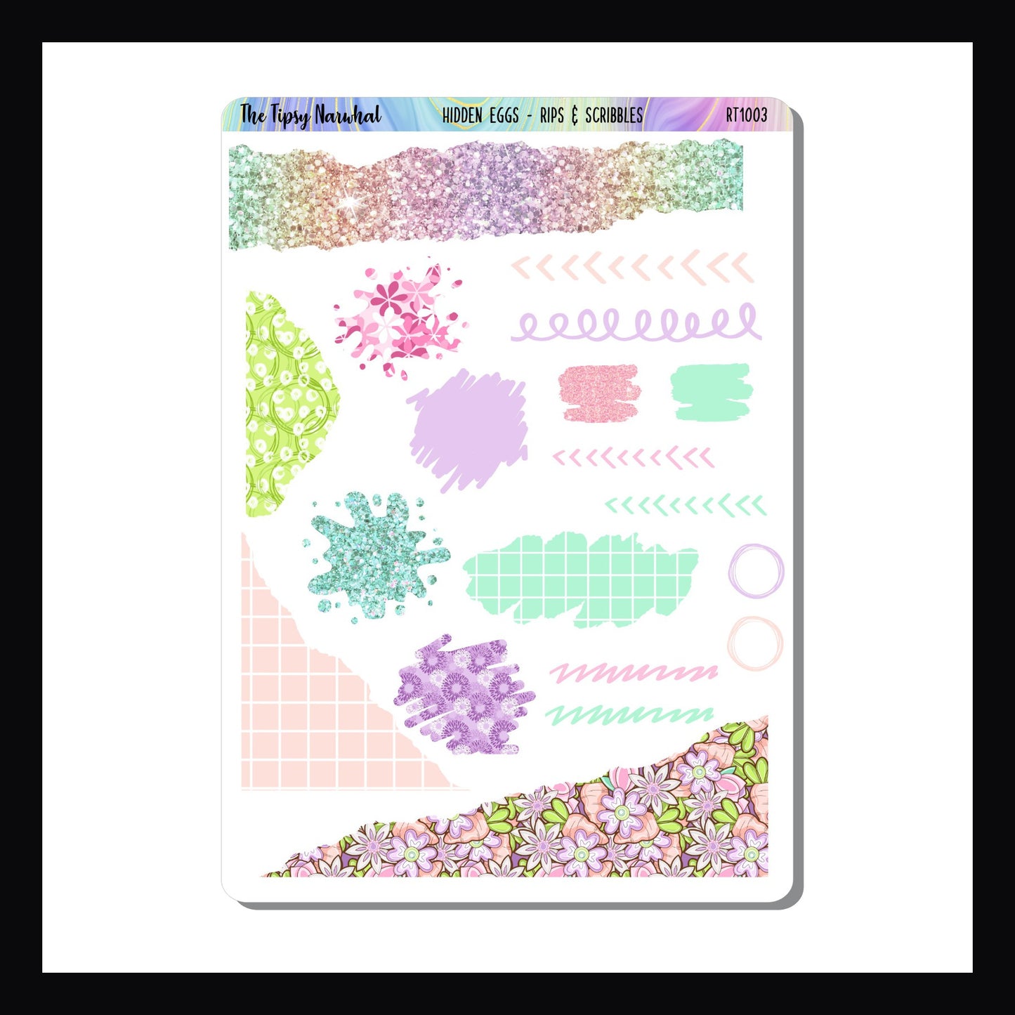 Hidden Eggs Hobonichi Weeks Rips & Scribbles Sheet.  Sticker sheet features multiple stickers with a torn paper appearance, paint splatter stickers and many abstract scribble stickers.