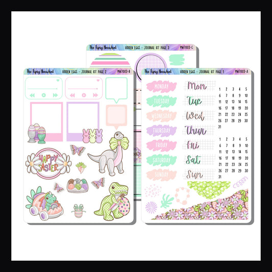 Hidden Eggs Journal Kit.  3 page journal kit focusing on decorative elements.  Will fit any journal size. Easter theme with dinosaurs, eggs, and butterflies.