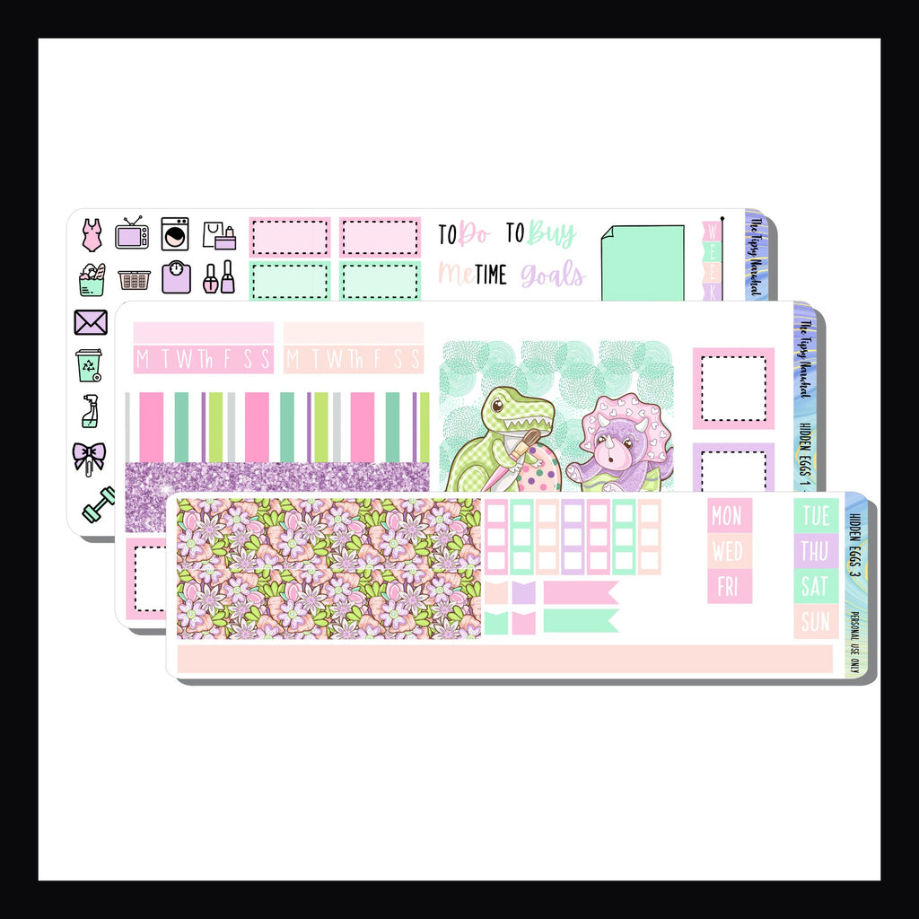 Hidden Eggs Hobonichi Weeks 3 page Kit.  Easter themed kit featuring pastel dinosaurs celebrating the Easter Holiday.