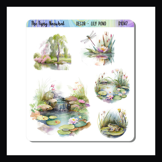 The Lily Pond Decor Sheet features 5 stickers, all depicting  different views of a lily pond.