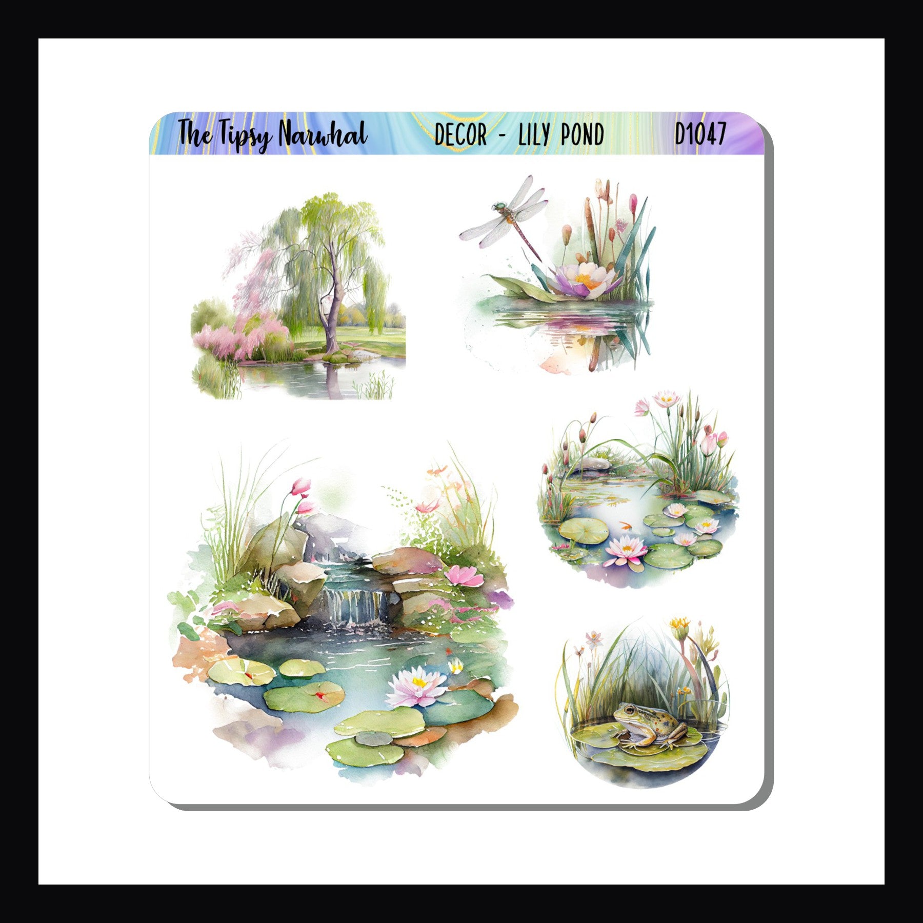 The Digital Lily Pond Decor Sheet is the digital/printable version of the Lily Pond Decor Sheet.  The sheet features 5 stickers all depicting different views of a serene lily pond.