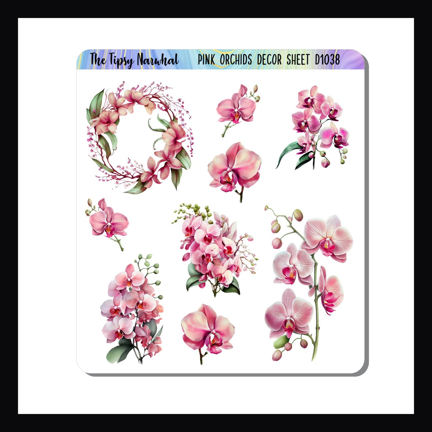 The Pink Orchids Decor Sheet features multiple stickers of various pink orchids.  The 9 stickers vary in size and composition. 