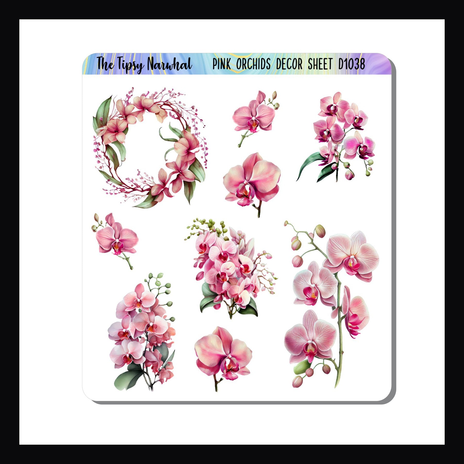 The Digital Pink Orchids Decor Sheet is the digital/printable version of the Pink Orchids Decor Sheet.  It features 9 stickers of various sizes depicting various pink orchid blooms.