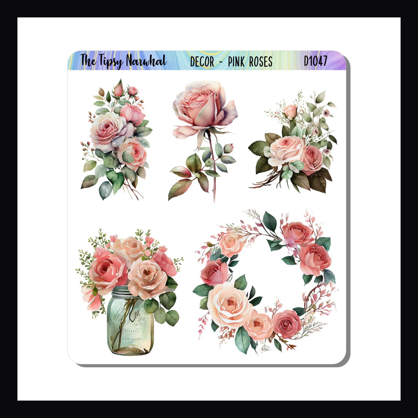 The Pink Roses Decor Sheet features 5 stickers of various sizes all depicting pink roses.  Includes a rose wreath, single rose stem, and bouquets.