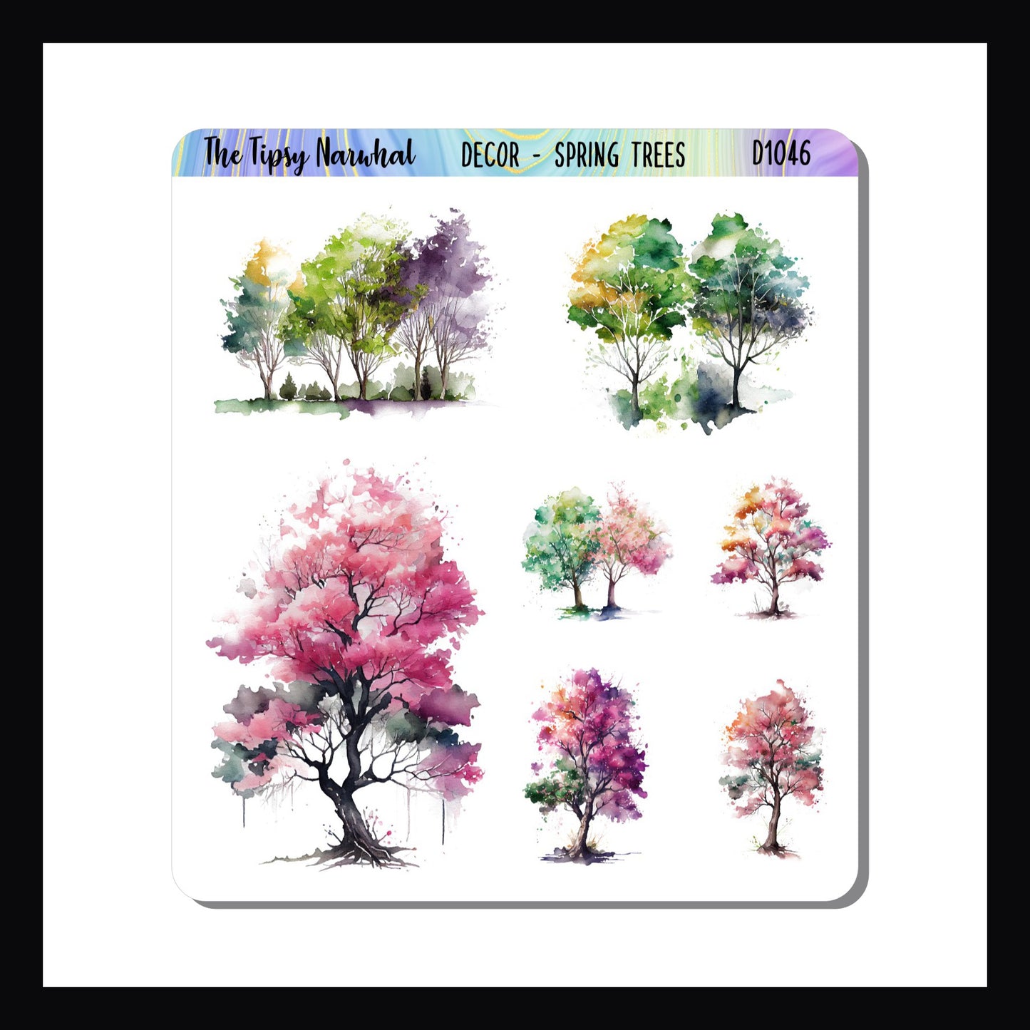 The Spring Trees Decor Sheet features 7 stickers depicting various springtime trees.  Stickers vary in size and color.