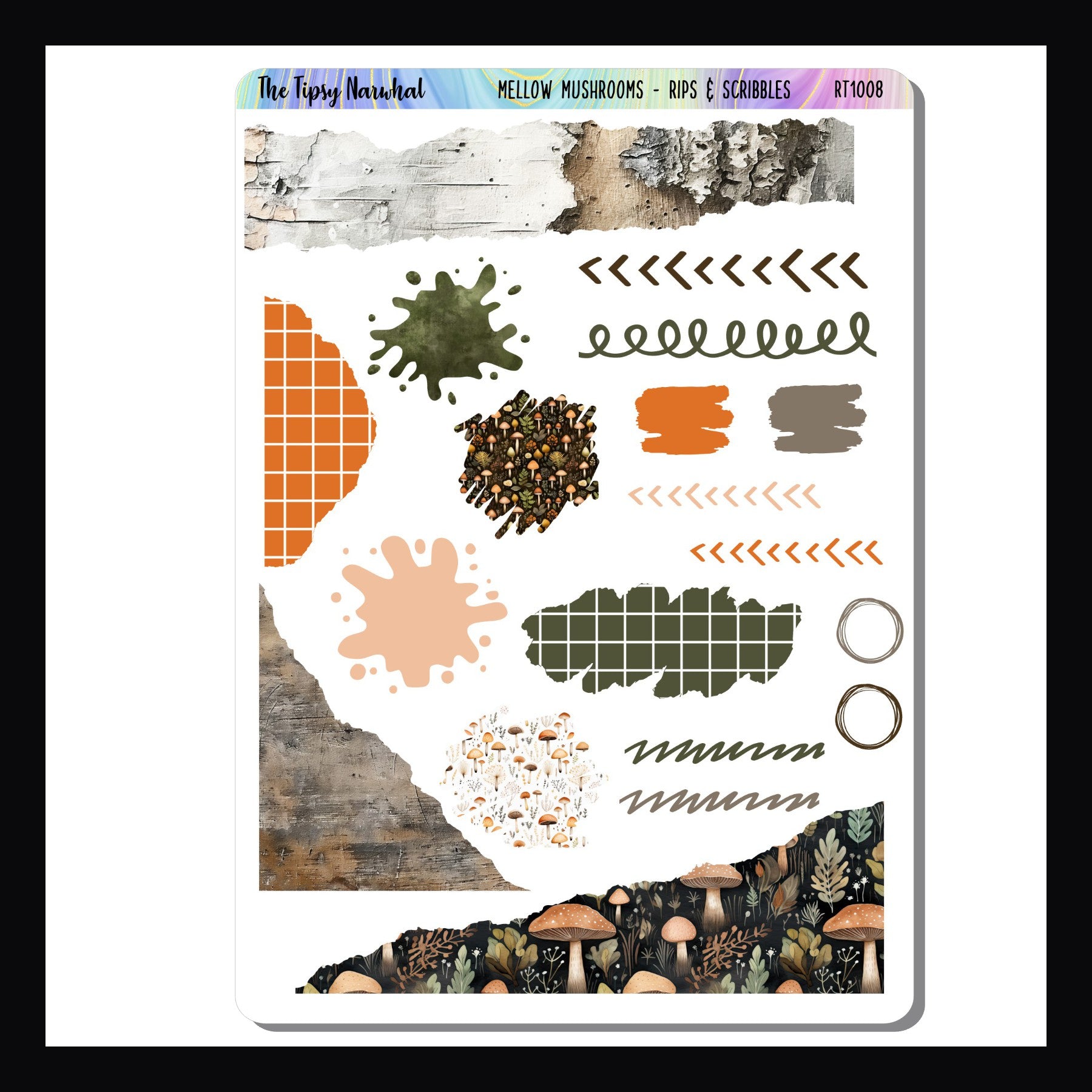 Mellow Mushrooms Rips & Scribbles Sheet features several styles of ripped edge stickers, as well as scribble style stickers.  All colors and designs match the Mellow Mushrooms Kits.