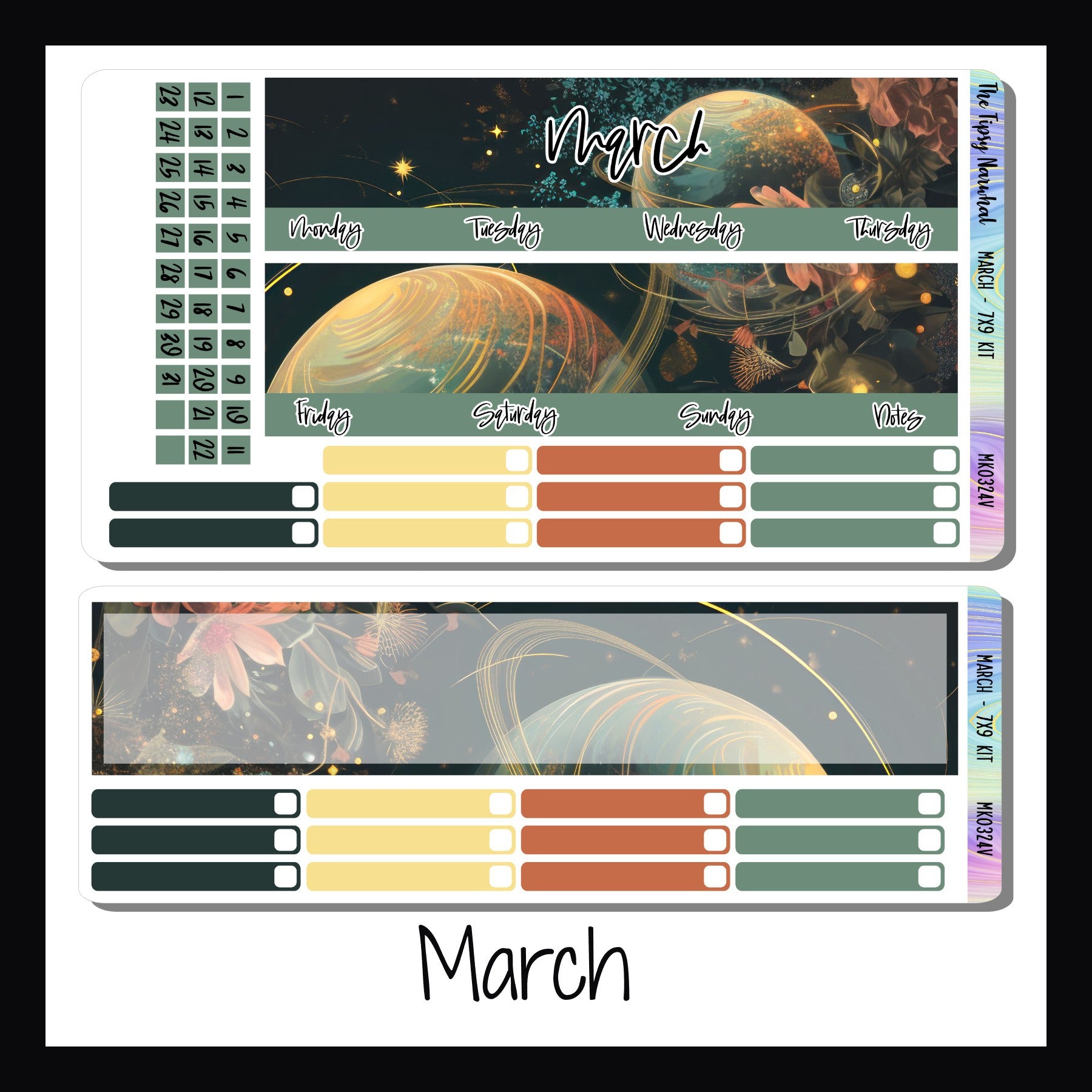 March monthly kit for 7x9 vertical planners.  Design features gold and bronze leaf motif over a green planet with gold rings.  Colors include deep emeralds, sage greens, golds, bronze and orange. 
