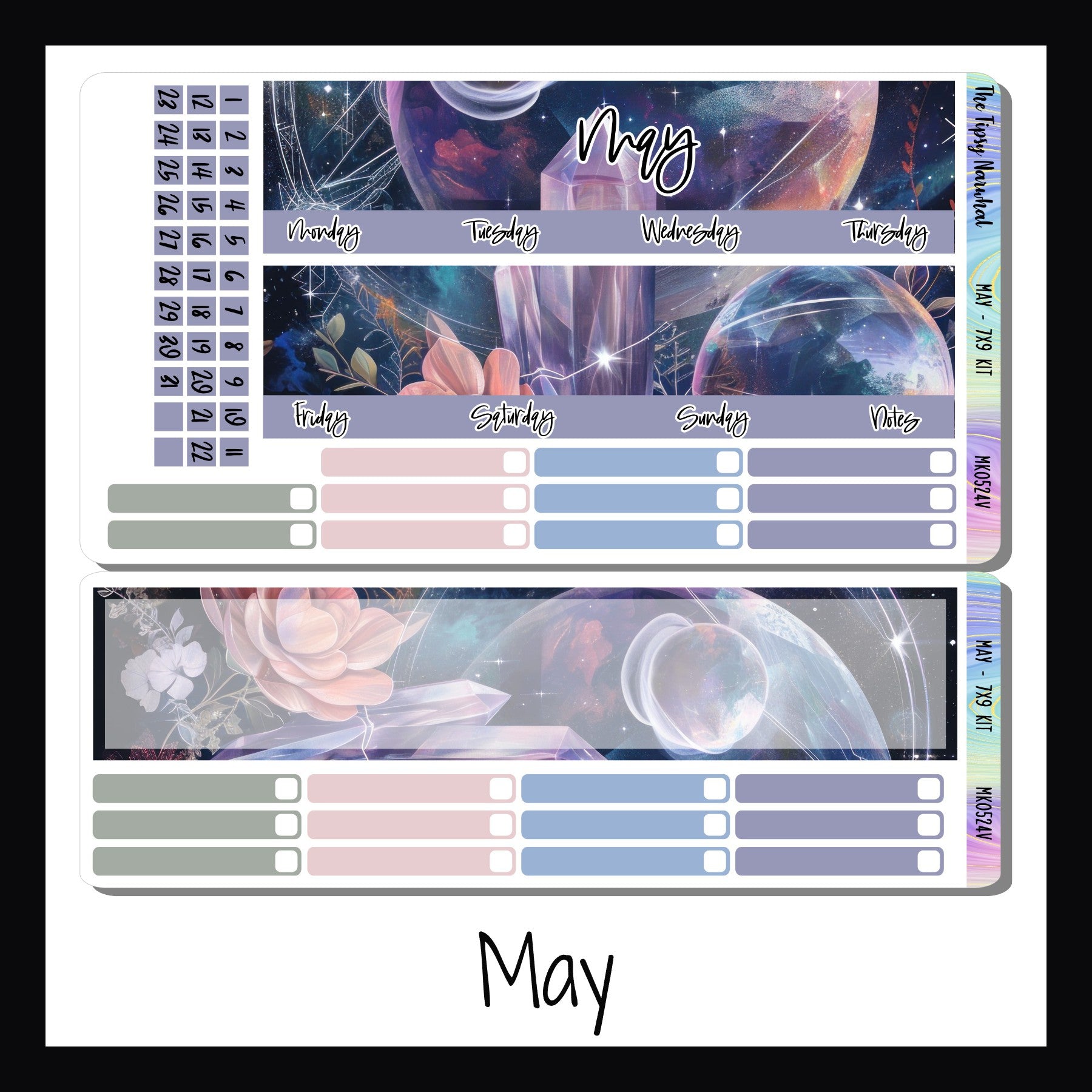 May monthly sticker kit for 7x9 vertical planners.  Mays design features pink flowers, purple crystals and bubble planets.  Includes soft blues, pale pinks, lilac and sage green colors.