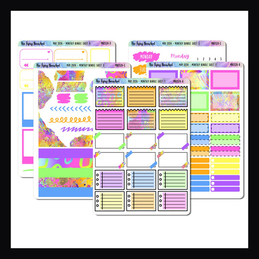 May 2024 Monthly Bundle is a 5 page sticker kit featuring a variety of functional stickers with a bold neon theme.