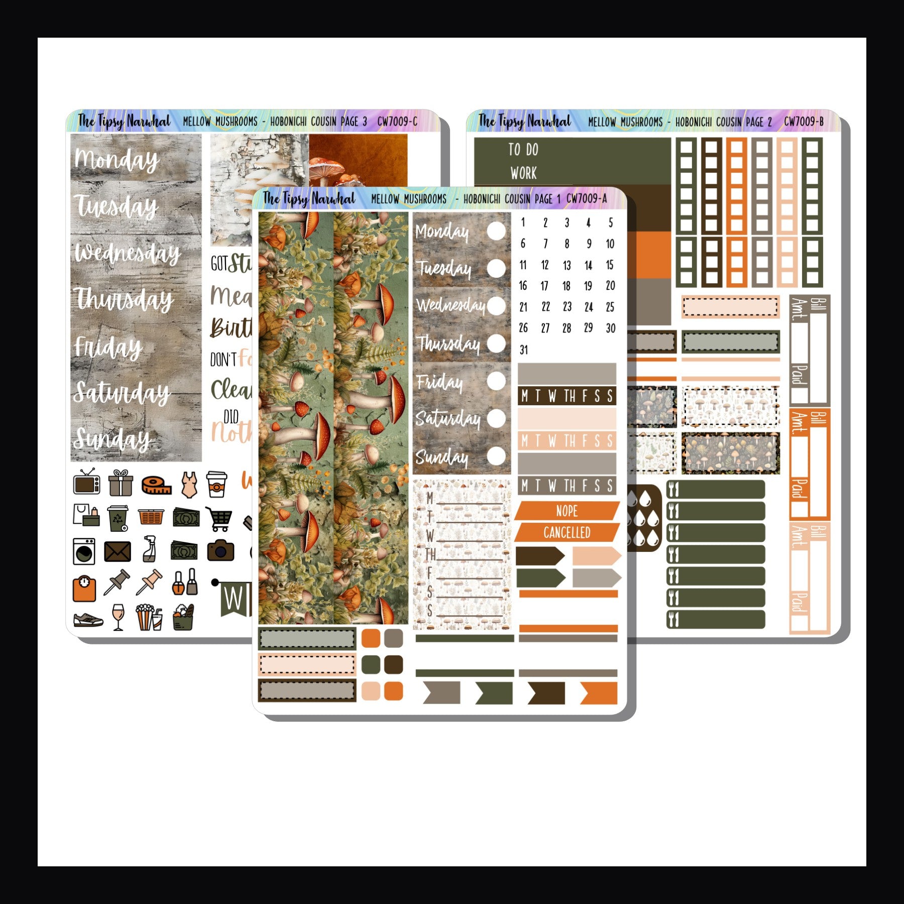 Mellow Mushrooms Hobonichi Cousin Kit is a 3 page sticker kit designed to fit the hobonichi cousin planner.  It features a whimsical mushroom theme with an earthy color palette.