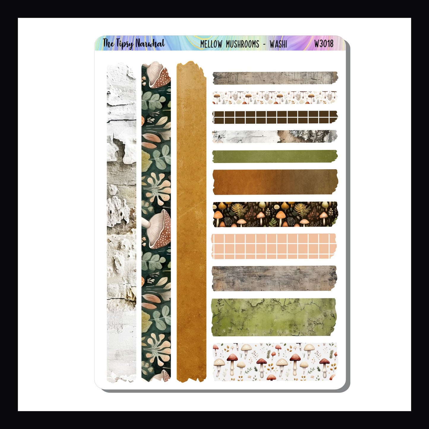 Mellow Mushrooms Washi sheet features 14 strips of washi style stickers.  Each strip is uniquely designed and coordinates with the Mellow Mushrooms Kits.