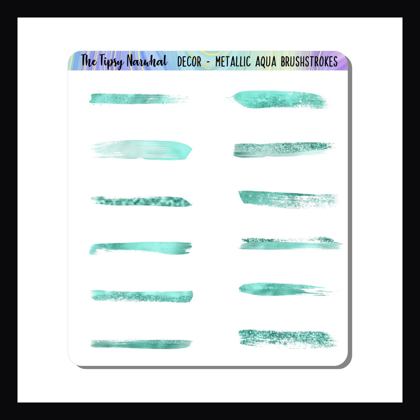 Metallic Aqua Brushstrokes sticker sheet features 12 brushstroke style stickers.  Each sticker is unique and features a metallic aqua style. 