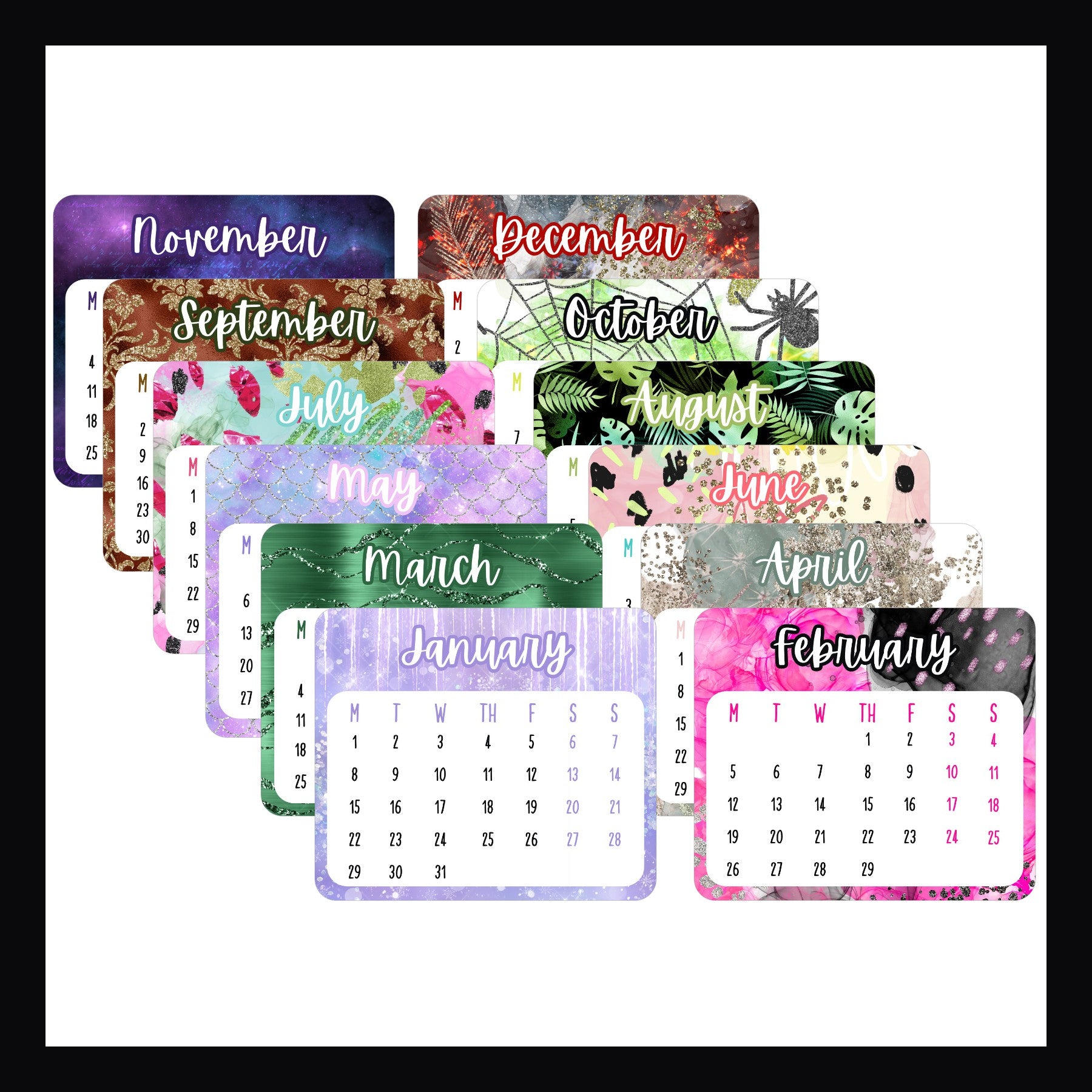 Set of 12 monthly calendar stickers, monthly stickers, mini calendars, 