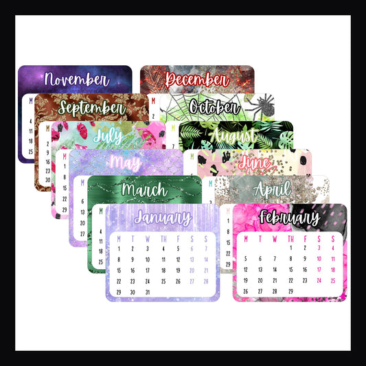 Set of 12 monthly calendar stickers, monthly stickers, mini calendars, 