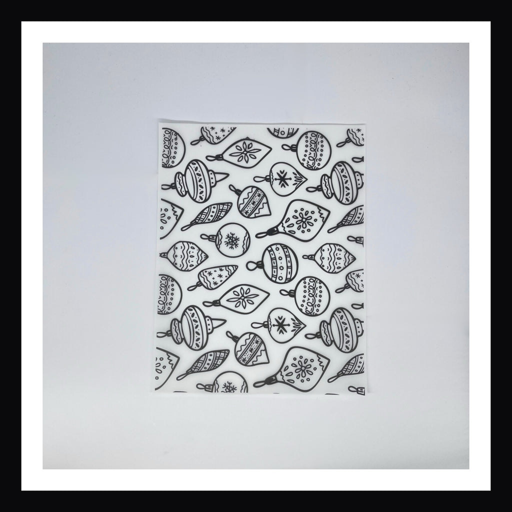 Monochromatic Christmas Vellum in Monochromatic Ornaments.  A 8x10 printed sheet of vellum featuring a variety of doodle style holiday ornaments. 
