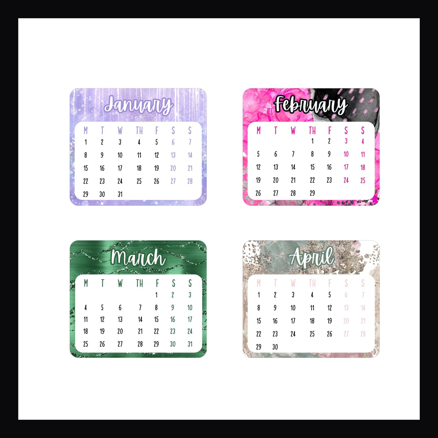 January, February, March, April mini calendar stickers, Monday start, die cut stickers, 