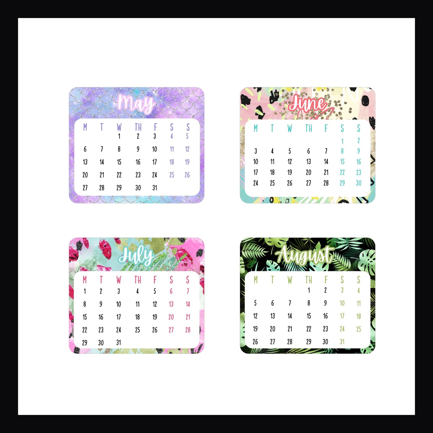 May, June, July, August mini calendar stickers, die cut stickers, Monday start, mini calendars