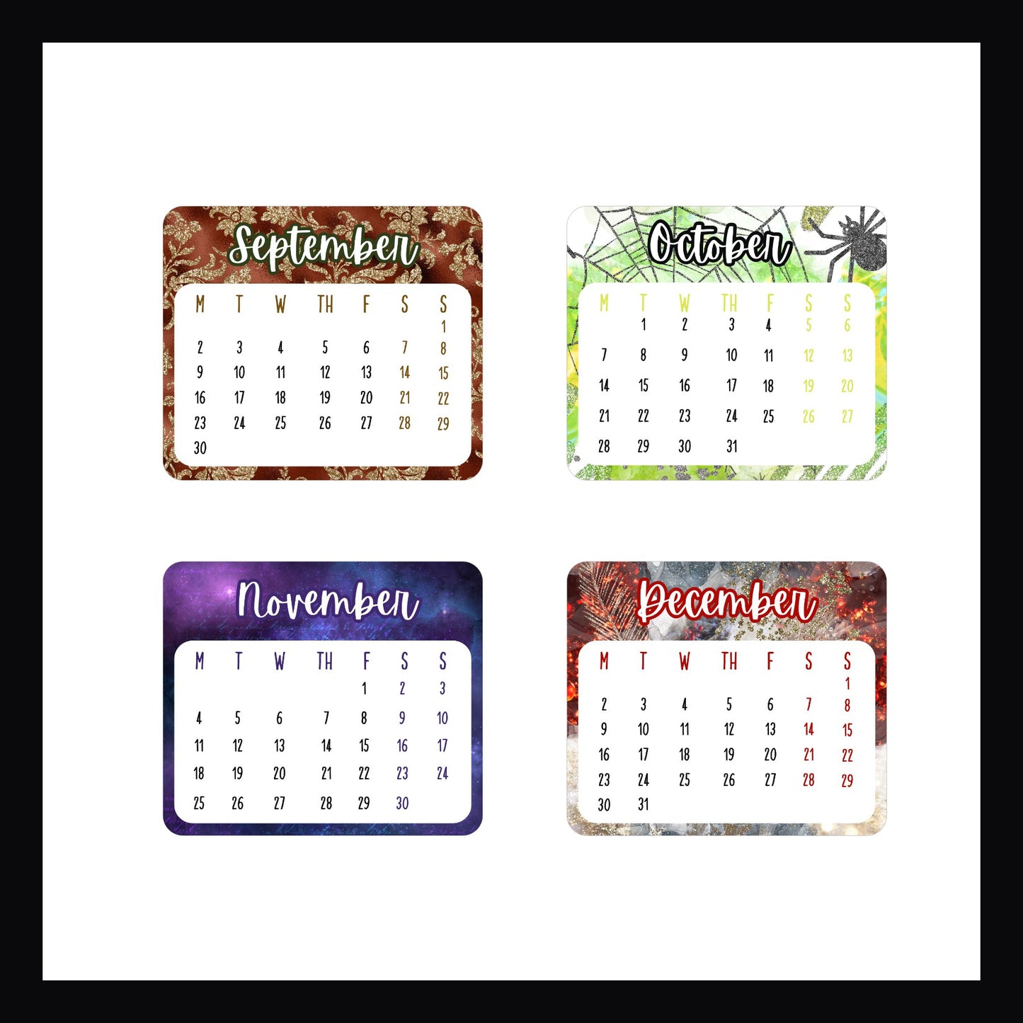 September, October, November, December mini calendar stickers, die cut stickers, Monday start mini calendars