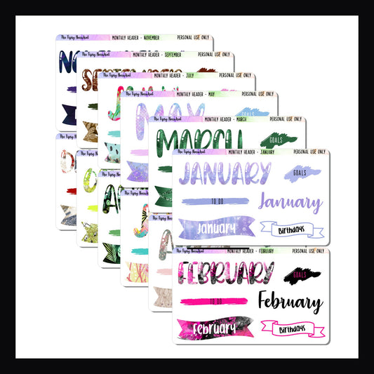 Bundle of 12 Monthly Header Sheets, January through December, titles stickers, full bundle