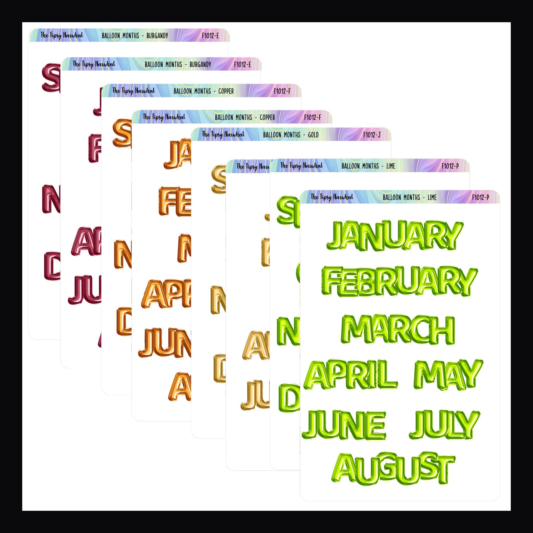 Large Monthly Balloon Headers collection of various monthly stickers on a white background.