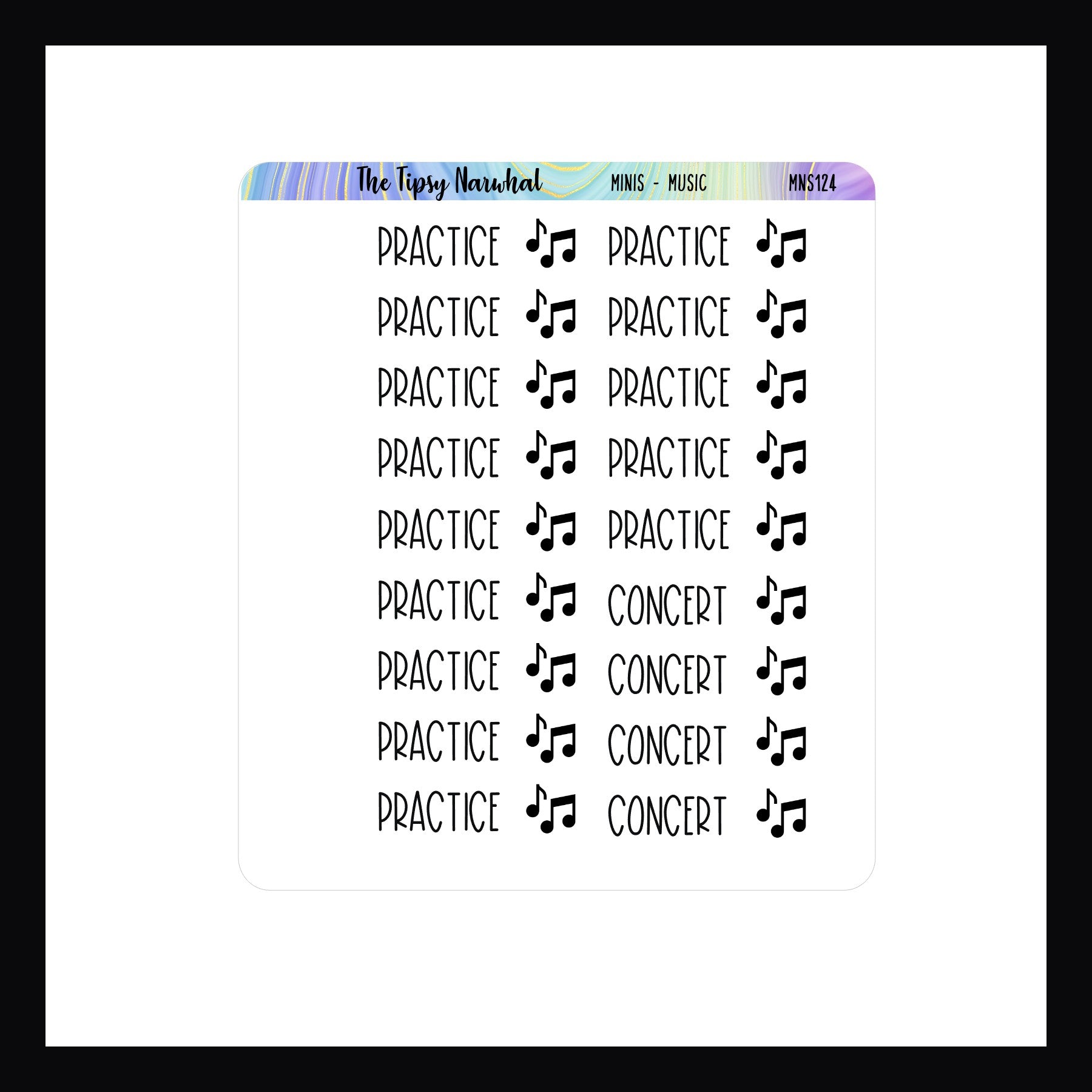 The Mini Icon Sheets Music is a small format sticker sheet focused on tracking music practices and concerts.