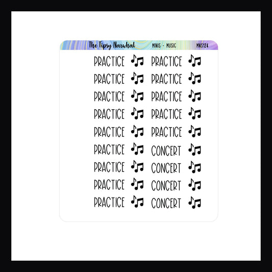 The Mini Icon Sheets Music is a small format sticker sheet focused on tracking music practices and concerts.