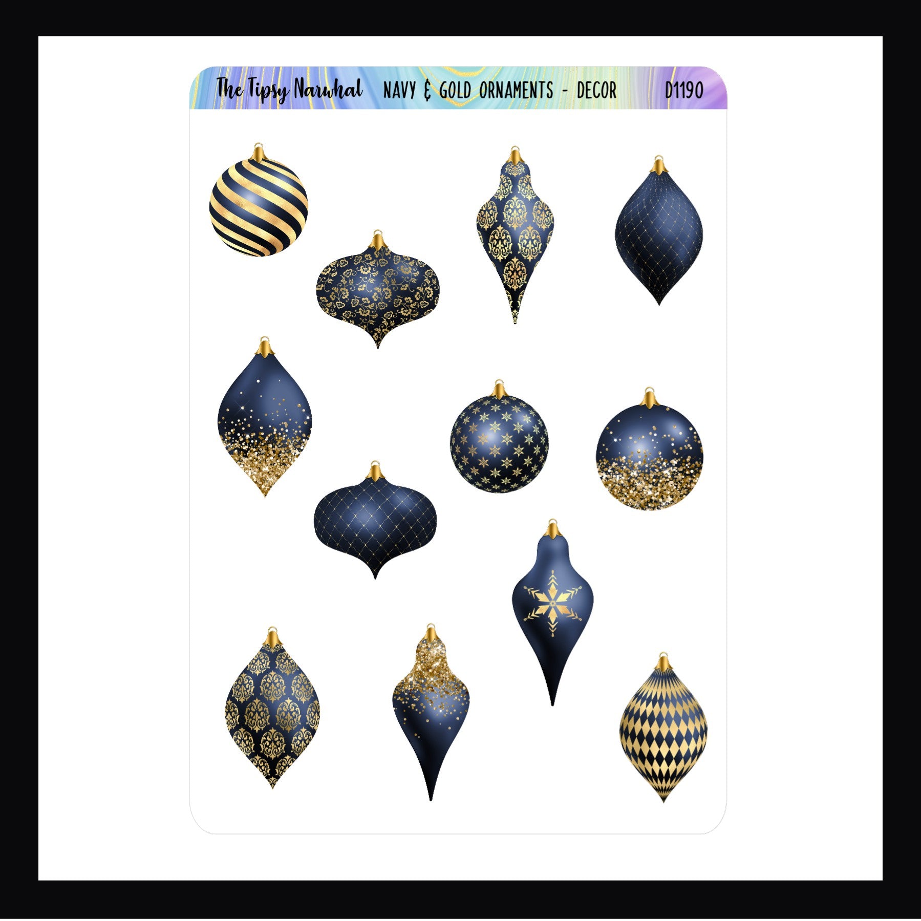 Navy & Gold Ornaments Decor Sheet features 12 navy & gold ornament stickers in various shapes and patterns. Stickers are shown on a white background.